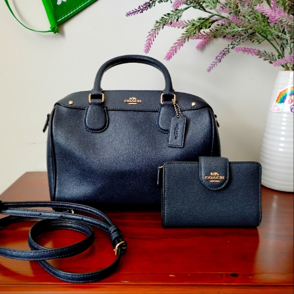 Coach 2pc navy cross-grain Mini Bennett and matching compact wallet
